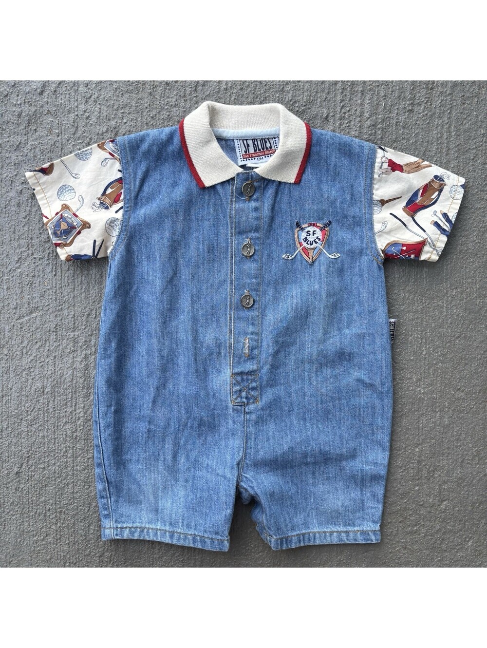 Vintage 90s San Francisco blues Golf Denim Romper Jumpsuit One piece KIDS 12 Mon